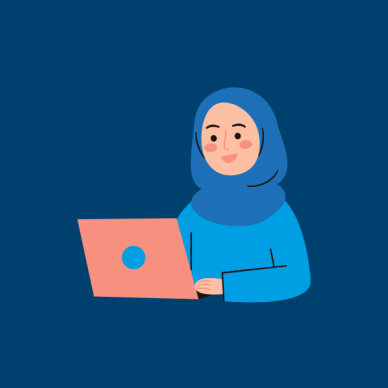cartoon image of a lady wearing a hijab using a laptop